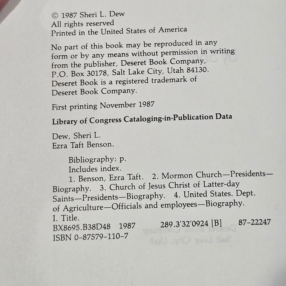 SIGNED Ezra Taft Benson A‎ Biography by Sheri L Dew Hardcover Deseret Book 1987